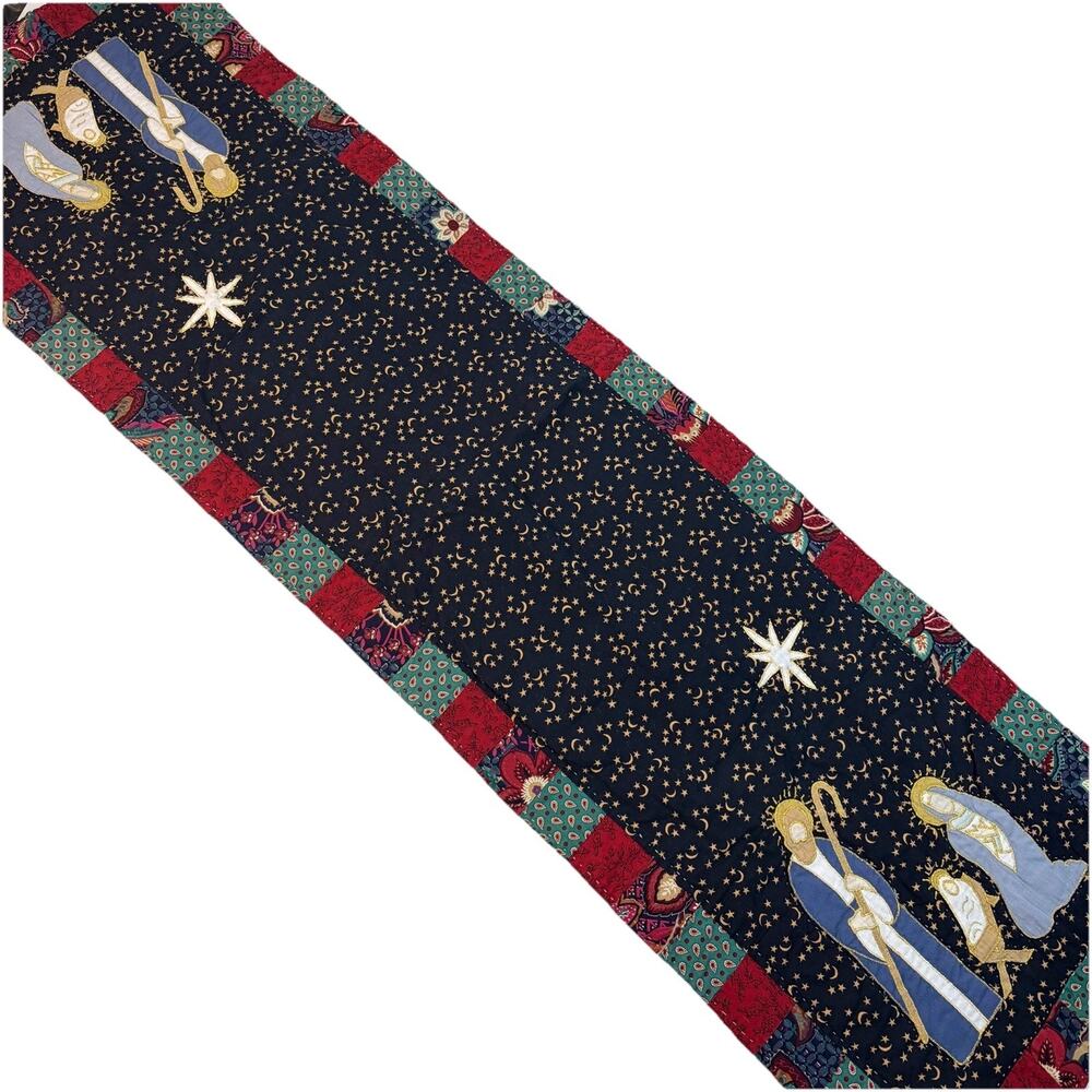 Christmas Nativity Quilted Patchwork Table Runner Celestial Moon Stars 15 x 52”
